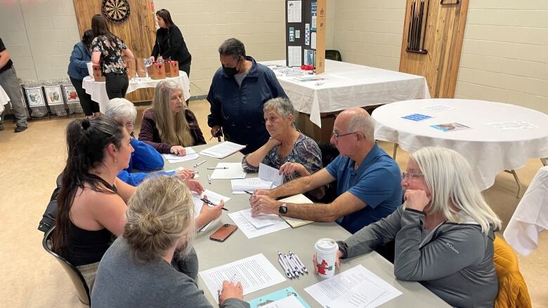 a group of people sit around a table with paper in front of them. Thy engage in serious conversation. 