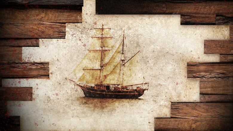 Graphic rendering of a sailing ship seen through wooden boards with hints of blood splatter on the boards.