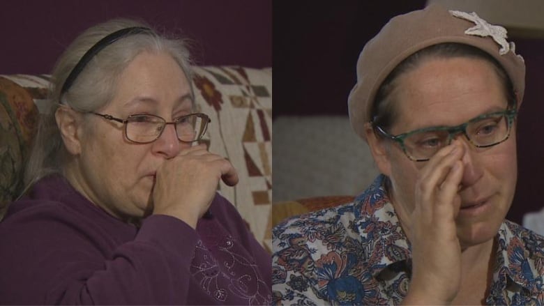 A side by side composite photo of two women wiping away tears.