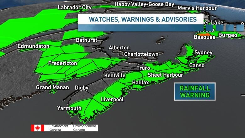 A map shows the regions across Nova Scotia and New Brunswick with active rainfall warnings.