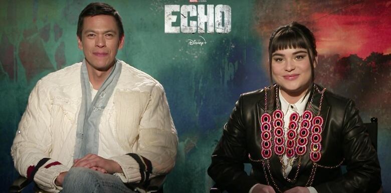 Chaske Spencer on the left and Devery Jacobs in front of a promotional background for the series Echo