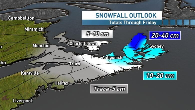 A map showing estimated snowfall across the region through Friday.