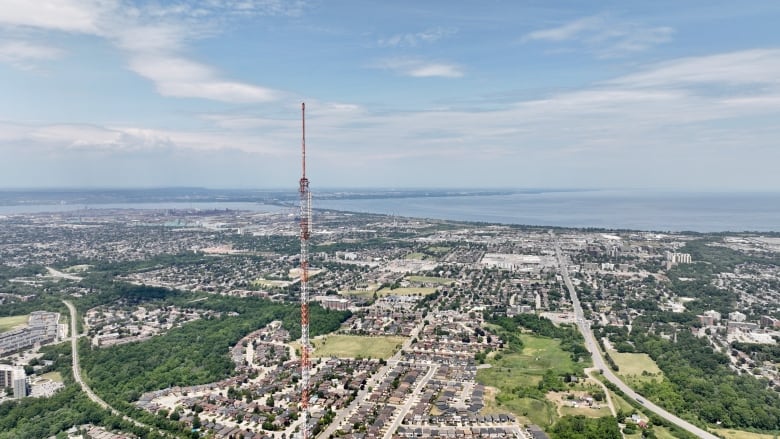 aerial shot of city and lake