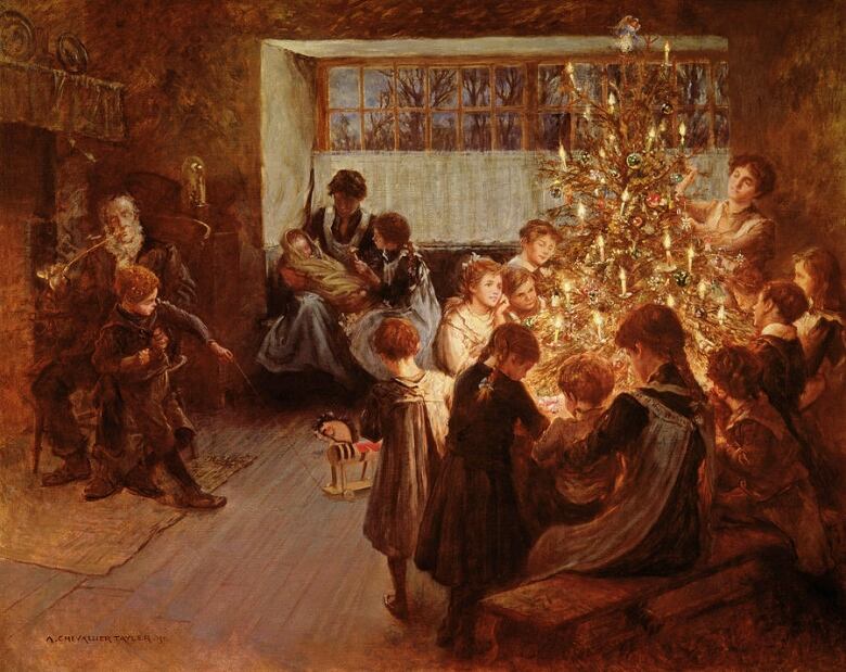 A painting of a family celebrating Christmas. 