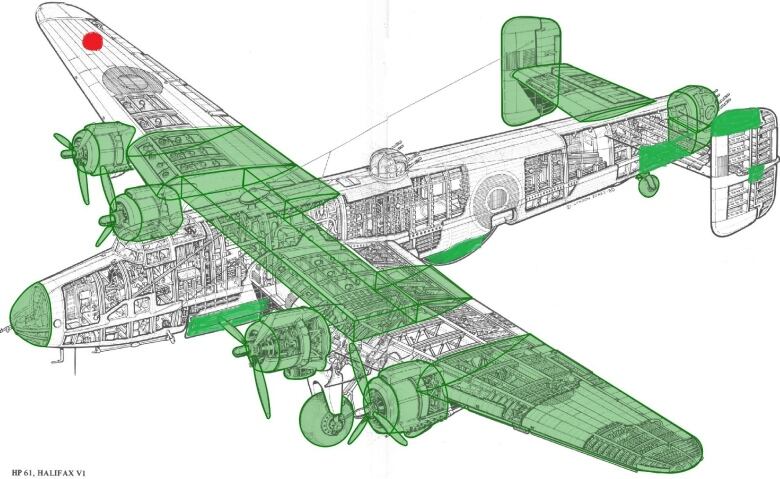 Kjarsgaard and his team have acquired the Halifax parts coloured green in this graphic.  White parts have not yet been found. The donated wing panel is marked by the red dot. 