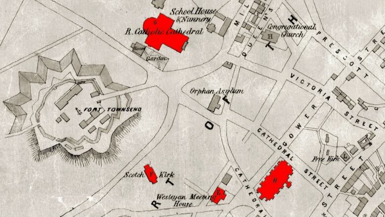 A map of downtown St. John's from the 1850's, with the location of the original Kirk marked in red.