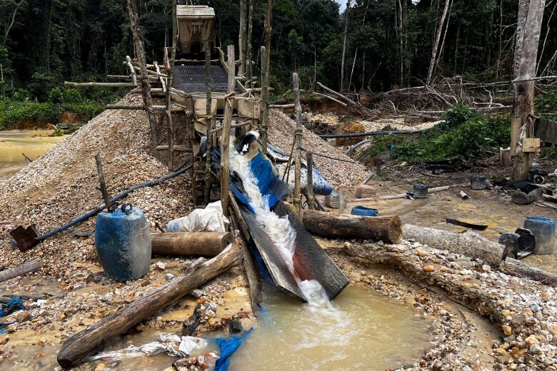 An illegal gold mining sluice