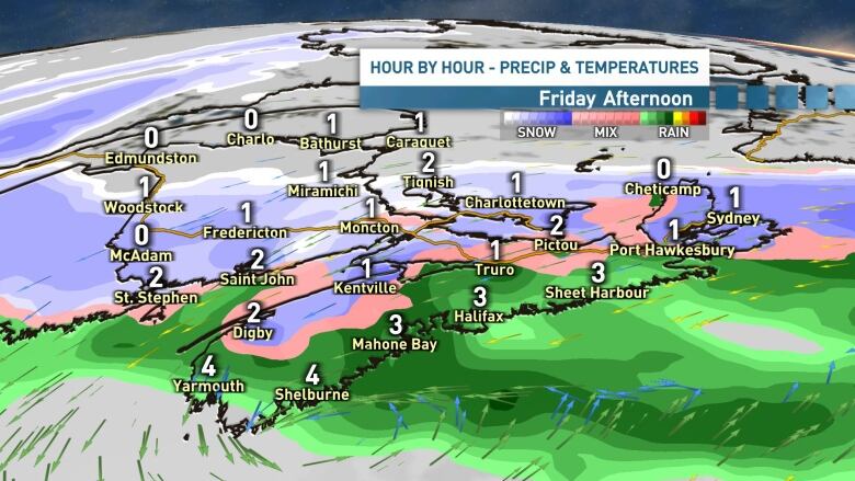 A map showing expected hourly rainfall and temperatures for Friday afternoon.