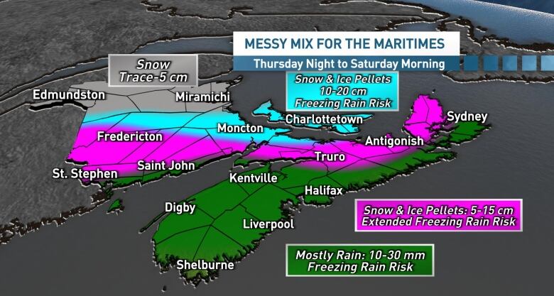 A map showing total expected snow, ice pellets, rain and freezing rain from late Thursday through Saturday morning.