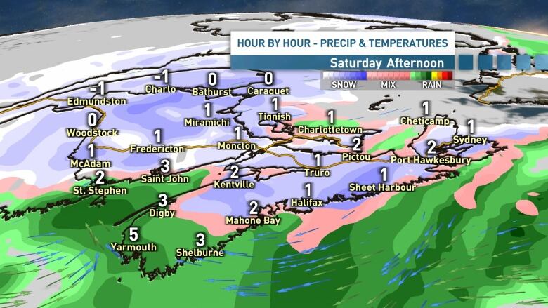 A map showing hourly expected precipitation and temperatures for Saturday afternoon.