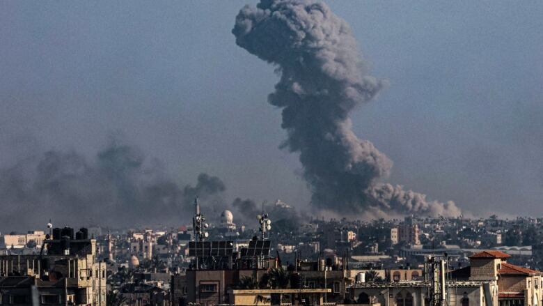 Smoke billows over the southern Gaza Strip during an Israeli bombardment.