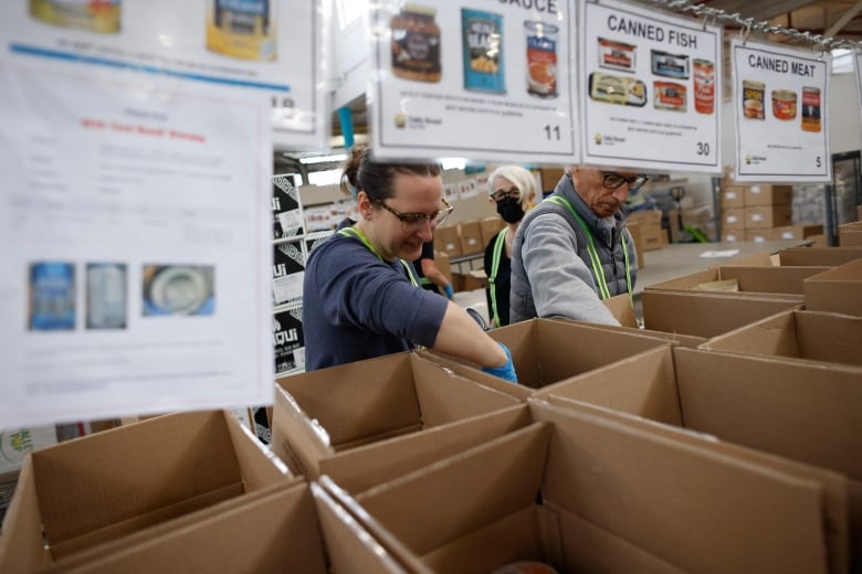 People sort through the contents of boxes.