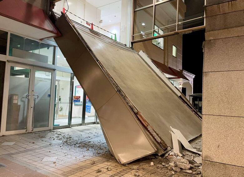 Earthquake damage inside a building in Kaga, Japan.