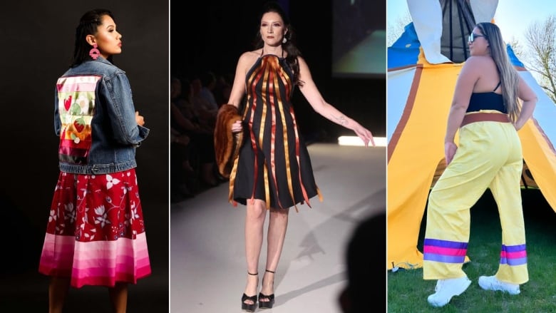 Three images of models wearing colourful clothing with ribbon designs.