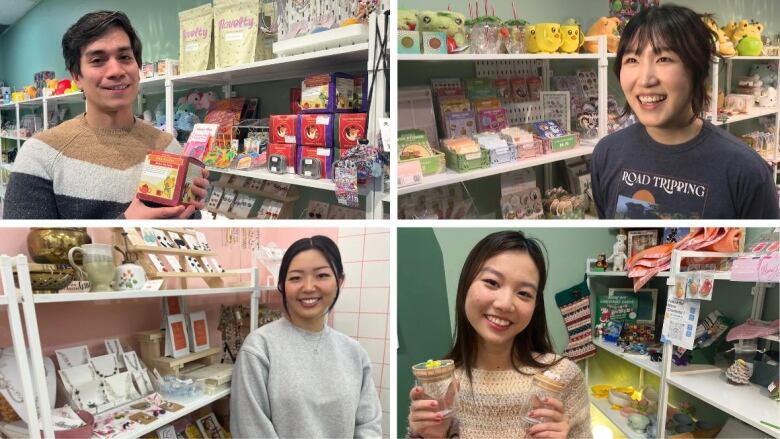 four photos in a collage. each photo features a different small business owner smiling in front of their products.