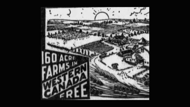 An aerial drawing of farmland. In the bottom left corner, text reads 