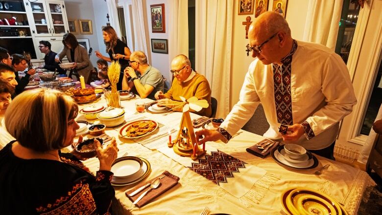 People gather for food.