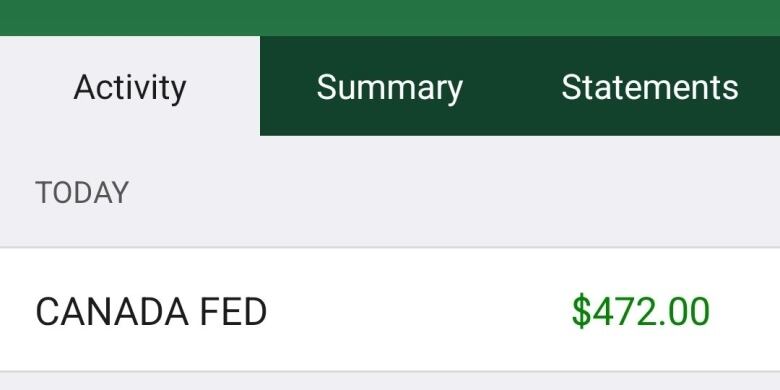 An example of an online bank statement showing a carbon-tax rebate direct deposit from 2022.