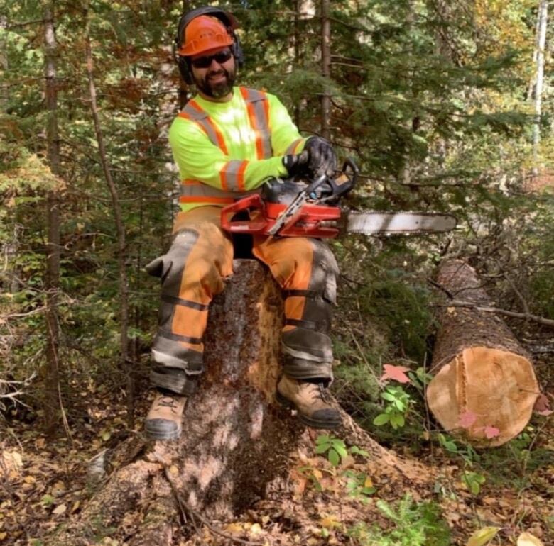 A bearded man wearing safety equipment poses with a chainsaw while sitting on top of a stump, with a large fallen tree on the ground beside him.