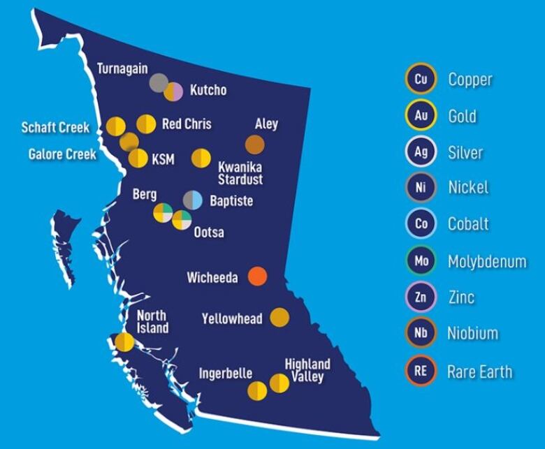 A map of the province of B.C. with coloured dots and the names of mines.