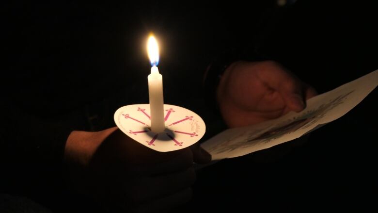 A closeup of a hand holding a candle, surrounded by darkness.