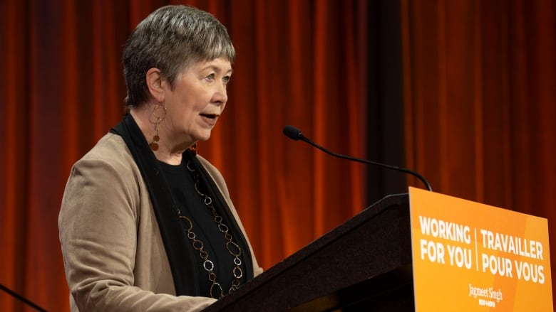 Anne McGrath, National Director of the New Democratic Party, speaks at the NDP Convention in Hamilton, Ont. Friday, October 13, 2023.  THE CANADIAN PRESS/Peter Power