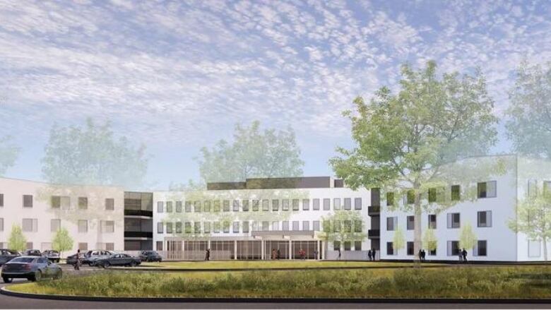 A white block building is shown with trees in front as a rendering of a new facility.