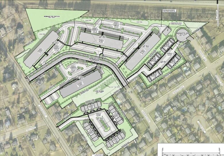 A map of the various proposed buildings surrounding existing homes.