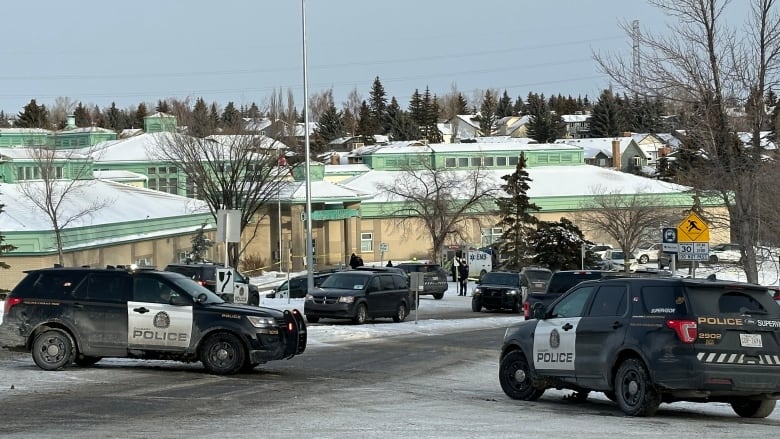 a group of police cars gather in front of a school. the ground is snowy.