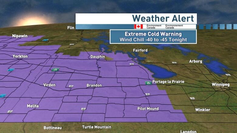 A map shows a purple section illustrating the coverage area of an extreme cold warning in western and southwestern Manitoba.