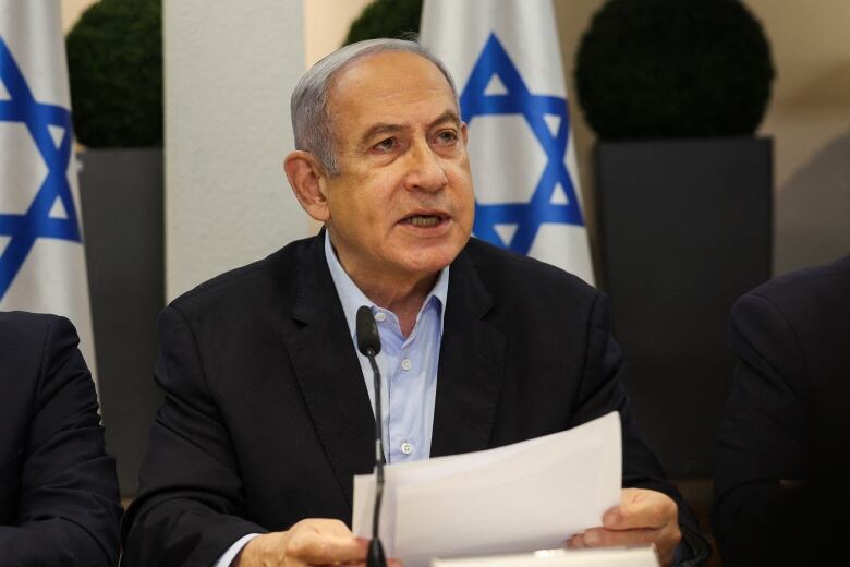 Israeli Prime Minister Benjamin Netanyahu speaks during a cabinet meeting in Tel Aviv, Isarel.