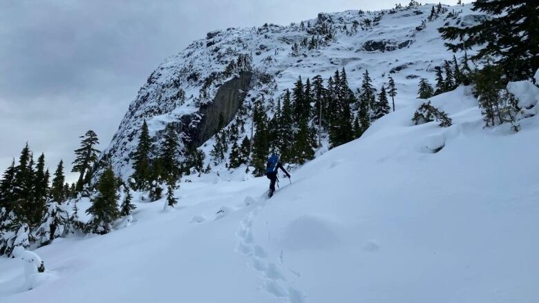 A person hikes up a mountain.