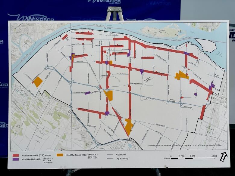 A map of Windsor with red and orange lines showing the density zones.