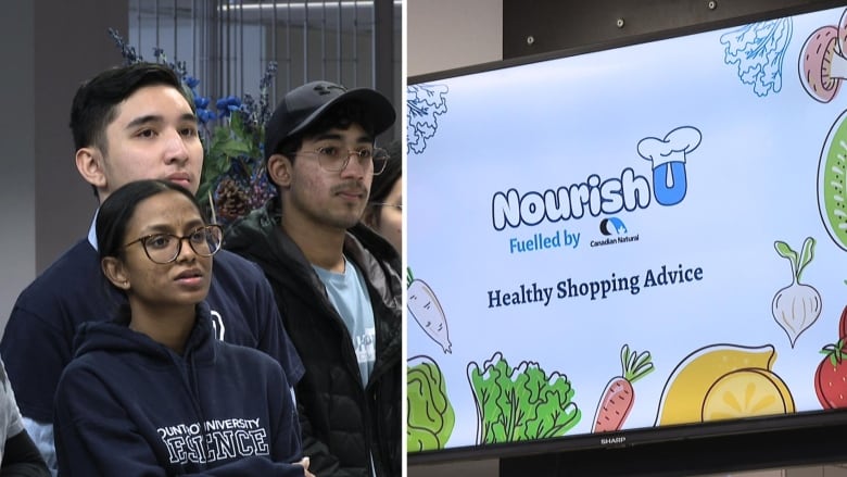 two images side by side. one image shows a group of students, the other image shows a tv screen with the words 