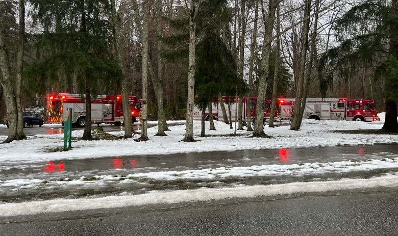 Fire trucks parked on a snowy street.