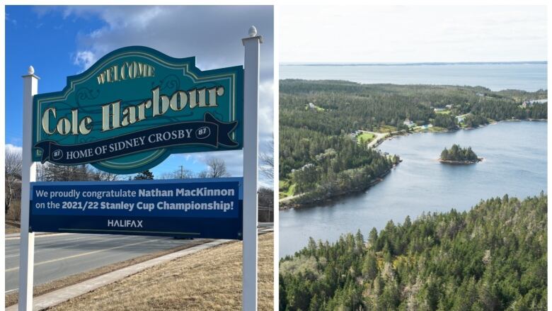 A side-by-side image shows a sign welcoming people to Cole Harbour, Nova Scotia, while the other part of the image shows a picturesque seaside community that is also called Cole Harbour.