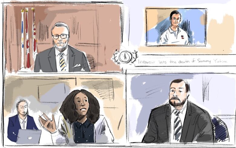 An artist's rendering of the inquest, which is happening virtually.