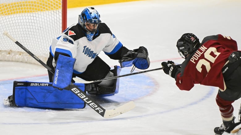 A goalie lunges to make a save.