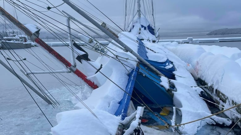 A boat, covered in snow and partially submerged in the water.