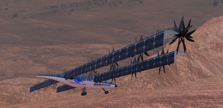 An illustrated side view of a plane with the Martian landscape in the background. The plane has lots of solar panels covering its four wings.