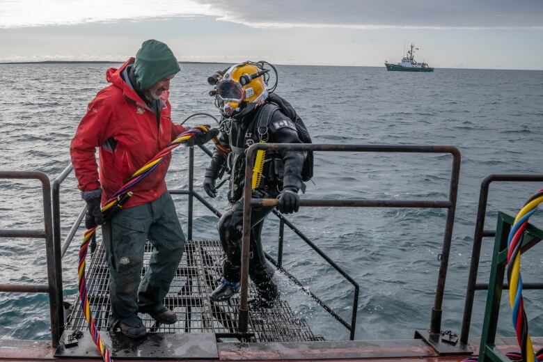 A man helps a diver out of the water.