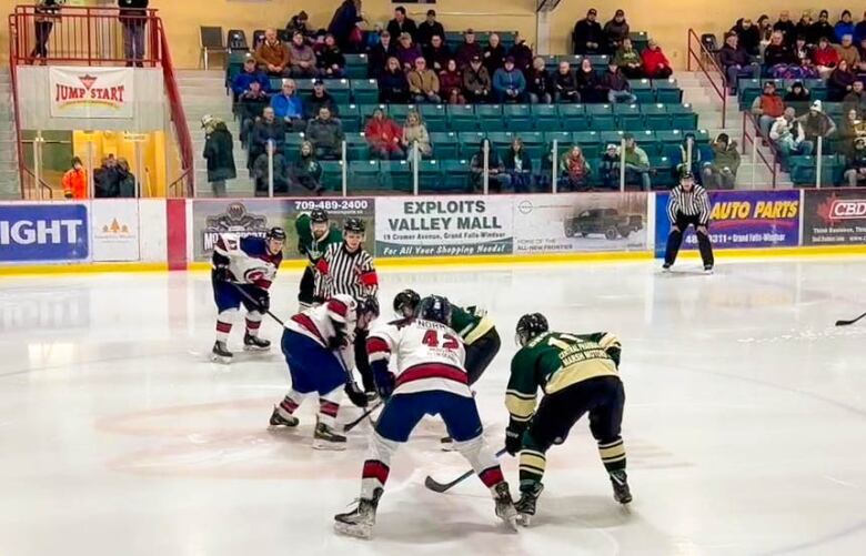 A photo of a hockey faceoff at centre ice.