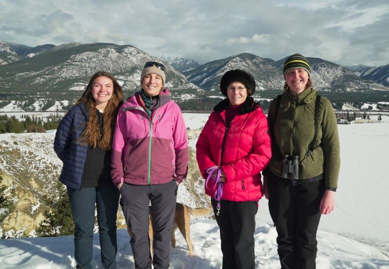 Pictured left to right are Jessica Holden, Kat Hartwig, Suzanne Bailey and Catriona Leven. The four women are part of a team that's working to restore the Columbia Wetlands near Invermere, B.C. They are pictured above the wetlands on Friday, Jan. 26, 2024.