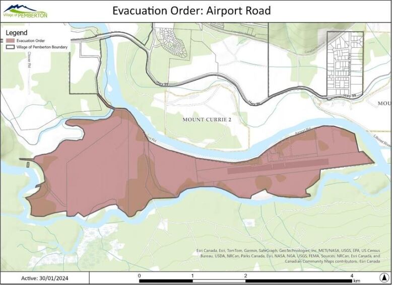 A map showing an area under evacuation orders in Pemberton, B.C.