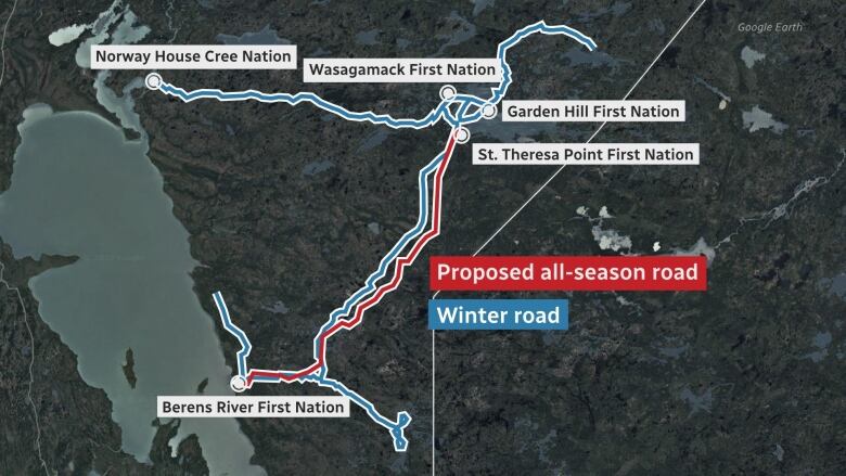 A map of a few First Nation communities and blue and red lines to represent the network of roads connecting them.