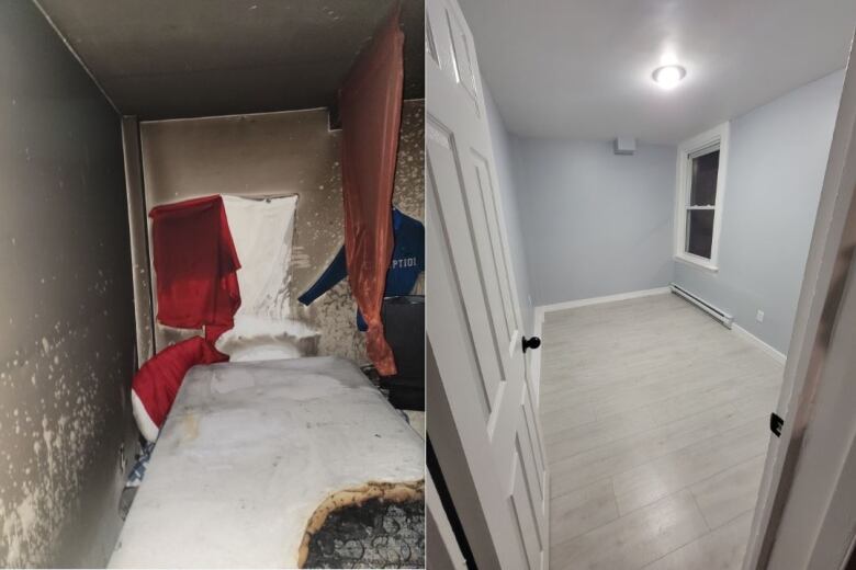 A bedroom with a damaged mattress and fire retardant foam spray on the walls on the left and a spic and span room with fresh paint, a new door and light fixture and a gleaming floor on the right.