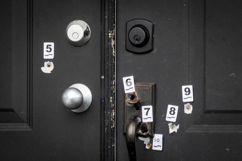 White number markings sit around bullet holes on a door.