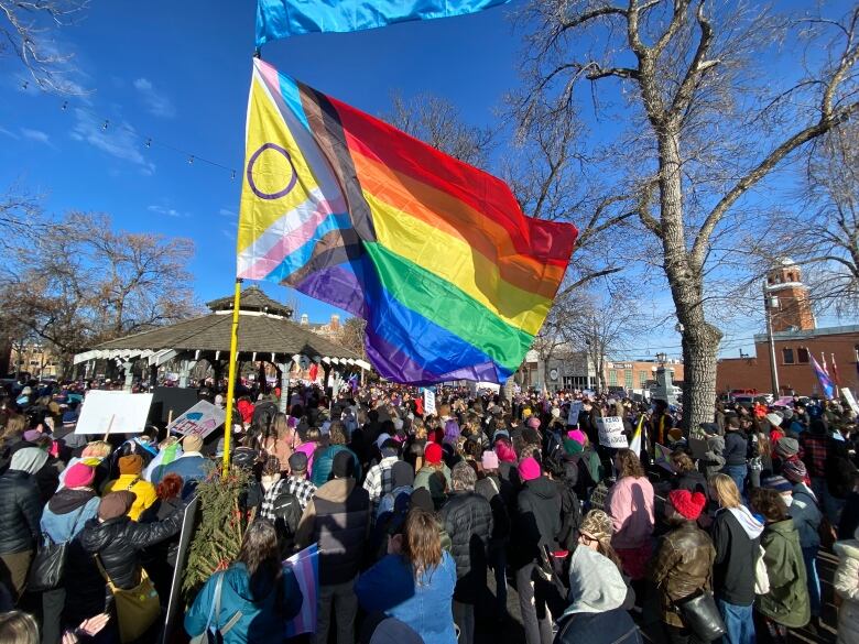 Protesters wave the LGBTQ flag at a rally.