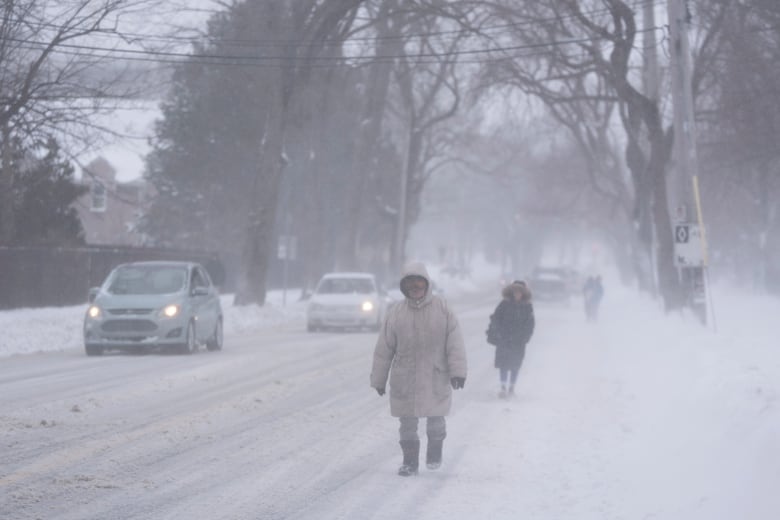 Pedestrians are shown walking on a Halifax street because the sidewalks are covered in snow.