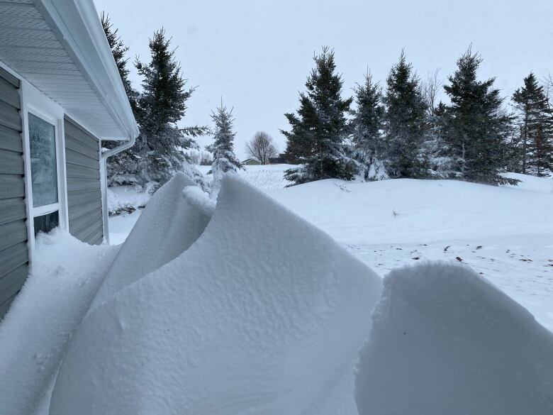 snow drifts in front of a house